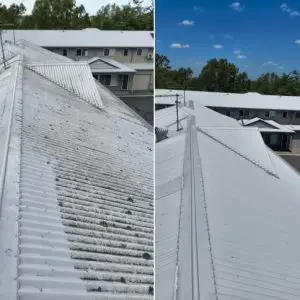 Metal roof before and after cleaning at a residential complex