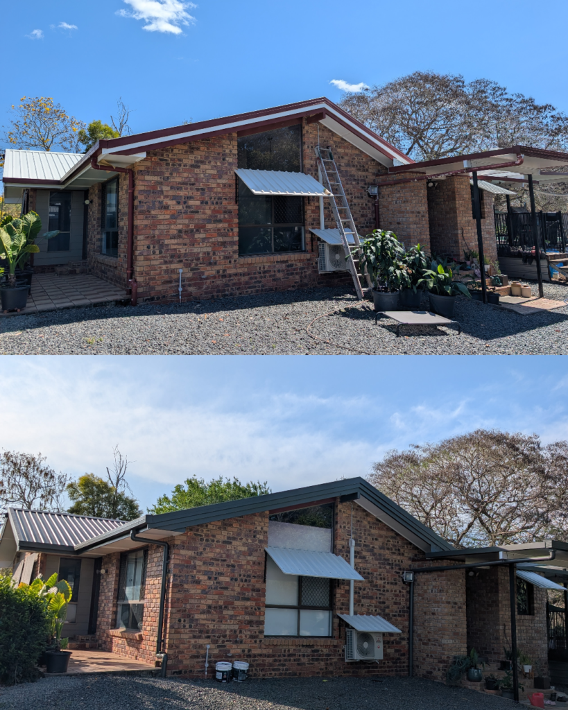 Before-and-after roof, gutter and fascia painting at a brick home in North Maclean